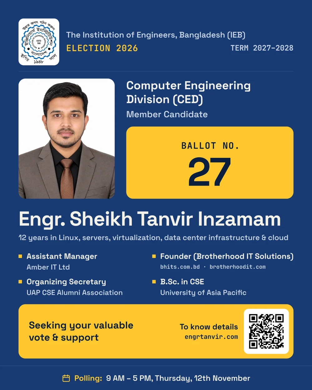 IEB Election 2026 — Engr. Sheikh Tanvir Inzamam, Computer Engineering Division member candidate, Ballot No. 27